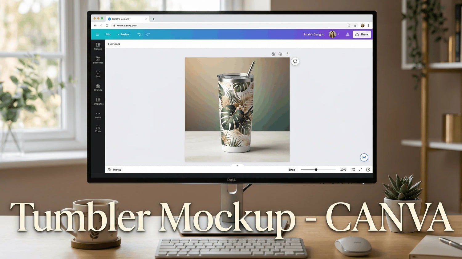 Computer screen displaying a tumbler mockup on Canva with a home office background