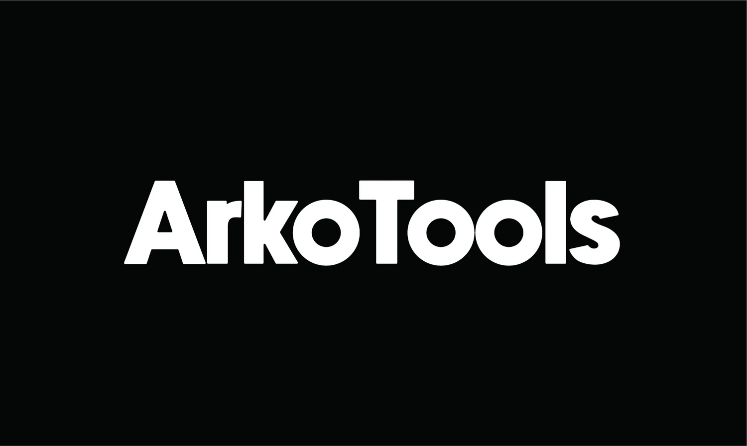 Bold white ArkoTools text logo on black background, digital art tool branding.